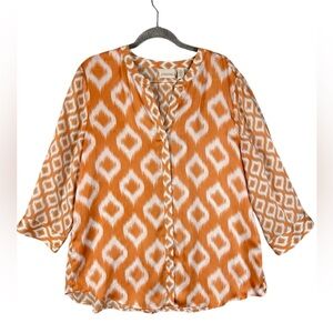 Chicos orange ikat 3/4 sleeve silky blouse Size 3/XL preowned